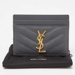Pre Owned Saint Laurent Grey Matelassé Leather Monogram Card Holder