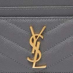 Pre Owned Saint Laurent Grey Matelassé Leather Monogram Card Holder