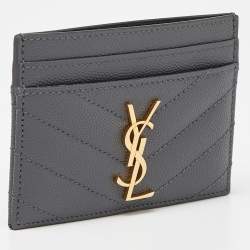 Pre Owned Saint Laurent Grey Matelassé Leather Monogram Card Holder