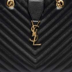 Pre Owned Saint Laurent Black Chevron Leather Classic Monogram Shopping Tote
