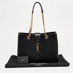 Pre Owned Saint Laurent Black Chevron Leather Classic Monogram Shopping Tote