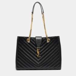 Pre Owned Saint Laurent Black Chevron Leather Classic Monogram Shopping Tote
