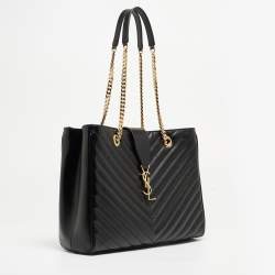 Pre Owned Saint Laurent Black Chevron Leather Classic Monogram Shopping Tote