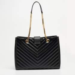 Pre Owned Saint Laurent Black Chevron Leather Classic Monogram Shopping Tote