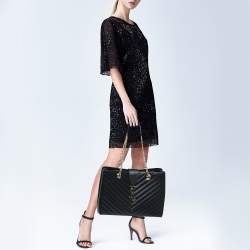 Pre Owned Saint Laurent Black Chevron Leather Classic Monogram Shopping Tote