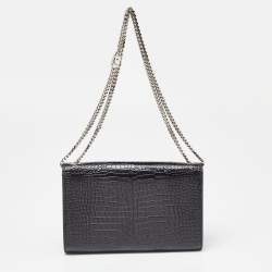 Pre Owned Saint Laurent Black Croc Embossed Leather Medium Kate Tassel Shoulder Bag