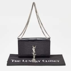 Pre Owned Saint Laurent Black Croc Embossed Leather Medium Kate Tassel Shoulder Bag