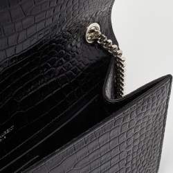 Pre Owned Saint Laurent Black Croc Embossed Leather Medium Kate Tassel Shoulder Bag