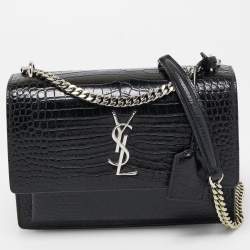Pre Owned Saint Laurent Black Croc Embossed Leather Medium Sunset Shoulder Bag