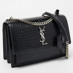 Pre Owned Saint Laurent Black Croc Embossed Leather Medium Sunset Shoulder Bag