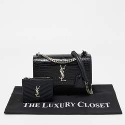 Pre Owned Saint Laurent Black Croc Embossed Leather Medium Sunset Shoulder Bag