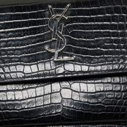 Pre Owned Saint Laurent Black Croc Embossed Leather Medium Sunset Shoulder Bag