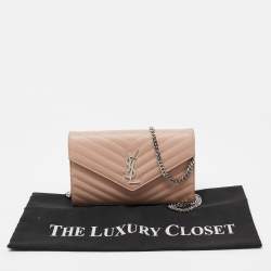 Saint Laurent Light Pink Matelassé Leather Cassandre Wallet on Chain
