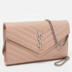 Saint Laurent Light Pink Matelassé Leather Cassandre Wallet on Chain