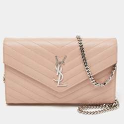Saint Laurent Light Pink Matelassé Leather Cassandre Wallet on Chain