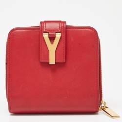 Saint Laurent Red Leather Y line Zip Compact Wallet