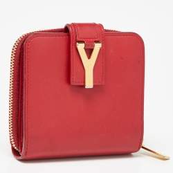 Saint Laurent Red Leather Y line Zip Compact Wallet