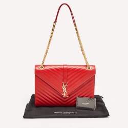 Saint Laurent Red Matelassé Leather Large Monogram Envelope Shoulder Bag