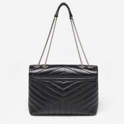 Pre Owned Saint Laurent Black Matelassé Leather Medium LouLou Shoulder Bag
