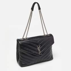 Pre Owned Saint Laurent Black Matelassé Leather Medium LouLou Shoulder Bag