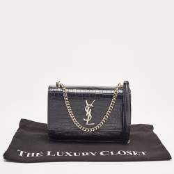 Pre Owned Saint Laurent Navy Blue Croc Embossed Leather Mini Sunset Chain Bag