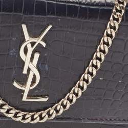Pre Owned Saint Laurent Navy Blue Croc Embossed Leather Mini Sunset Chain Bag