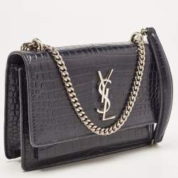 Pre Owned Saint Laurent Navy Blue Croc Embossed Leather Mini Sunset Chain Bag