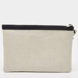 Pre Owned Saint Laurent Off White/Black Canvas and Leather Rive Gauche Zip Clutch