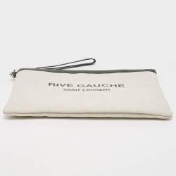Pre Owned Saint Laurent Off White/Black Canvas and Leather Rive Gauche Zip Clutch
