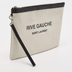Pre Owned Saint Laurent Off White/Black Canvas and Leather Rive Gauche Zip Clutch