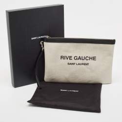 Pre Owned Saint Laurent Off White/Black Canvas and Leather Rive Gauche Zip Clutch