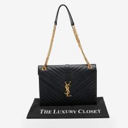 Pre Owned Saint Laurent Black Matelasse Leather Large Monogram Envelope Shoulder Bag
