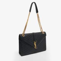 Pre Owned Saint Laurent Black Matelasse Leather Large Monogram Envelope Shoulder Bag