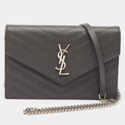 Saint Laurent Grey Matelassé Leather Monogram Envelope Wallet on Chain