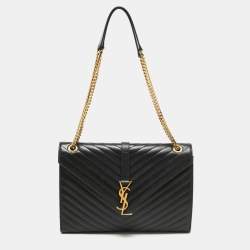 Pre Owned Saint Laurent Black Matelasse Leather Large Monogram Envelope Shoulder Bag