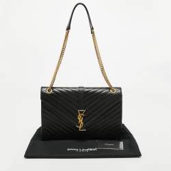 Pre Owned Saint Laurent Black Matelasse Leather Large Monogram Envelope Shoulder Bag