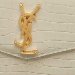 Pre Owned Saint Laurent Ivory Croc Embossed Leather Medium Uptown Pouch