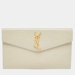 Pre Owned Saint Laurent Ivory Croc Embossed Leather Medium Uptown Pouch
