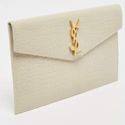 Pre Owned Saint Laurent Ivory Croc Embossed Leather Medium Uptown Pouch