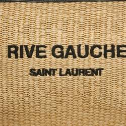 Pre Owned Saint Laurent Beige/Black Raffia and Leather Rive Gauche Zip Wristlet Pouch