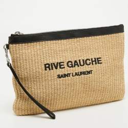 Pre Owned Saint Laurent Beige/Black Raffia and Leather Rive Gauche Zip Wristlet Pouch
