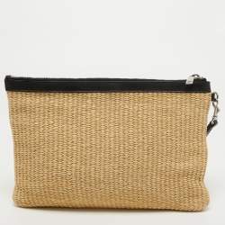 Pre Owned Saint Laurent Beige/Black Raffia and Leather Rive Gauche Zip Wristlet Pouch