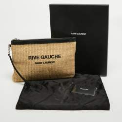 Pre Owned Saint Laurent Beige/Black Raffia and Leather Rive Gauche Zip Wristlet Pouch