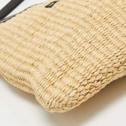 Pre Owned Saint Laurent Beige/Black Raffia and Leather Rive Gauche Zip Wristlet Pouch