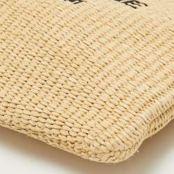 Pre Owned Saint Laurent Beige/Black Raffia and Leather Rive Gauche Zip Wristlet Pouch