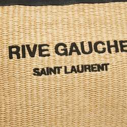 Pre Owned Saint Laurent Beige/Black Raffia and Leather Rive Gauche Zip Wristlet Pouch