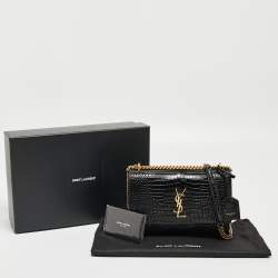 Saint Laurent Black Croc Embossed Leather Medium Sunset Shoulder Bag
