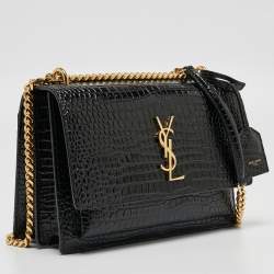 Saint Laurent Black Croc Embossed Leather Medium Sunset Shoulder Bag