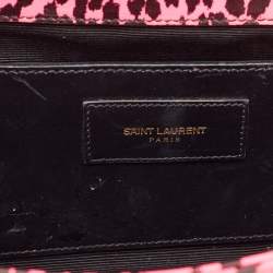 Saint Laurent Neon Pink Leopard Print Leather Monogram Cassandre Clutch