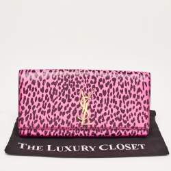 Saint Laurent Neon Pink Leopard Print Leather Monogram Cassandre Clutch